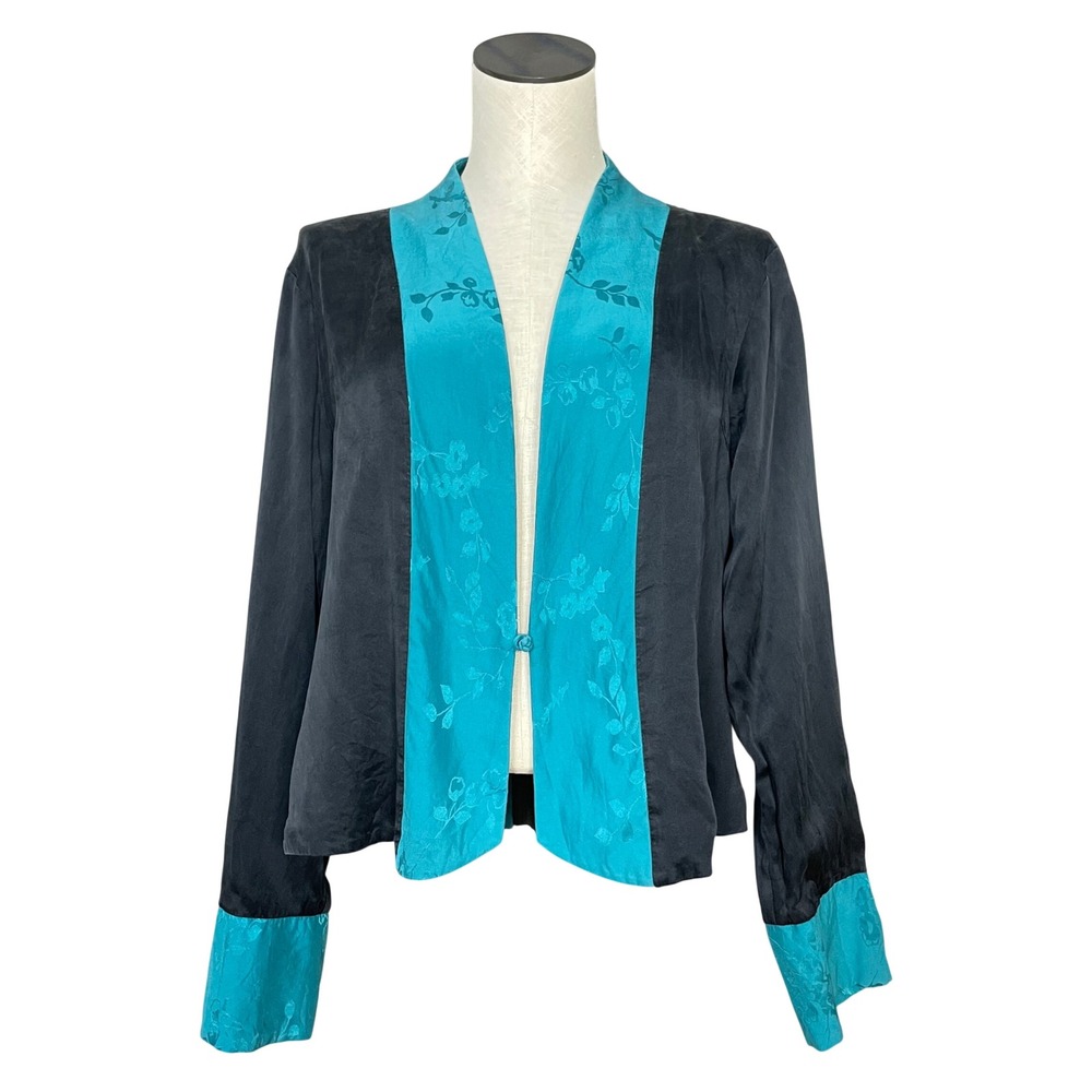 Reversible Silk Jacket Black Teal Floral Women Jacket Teal Black Frog Closure
